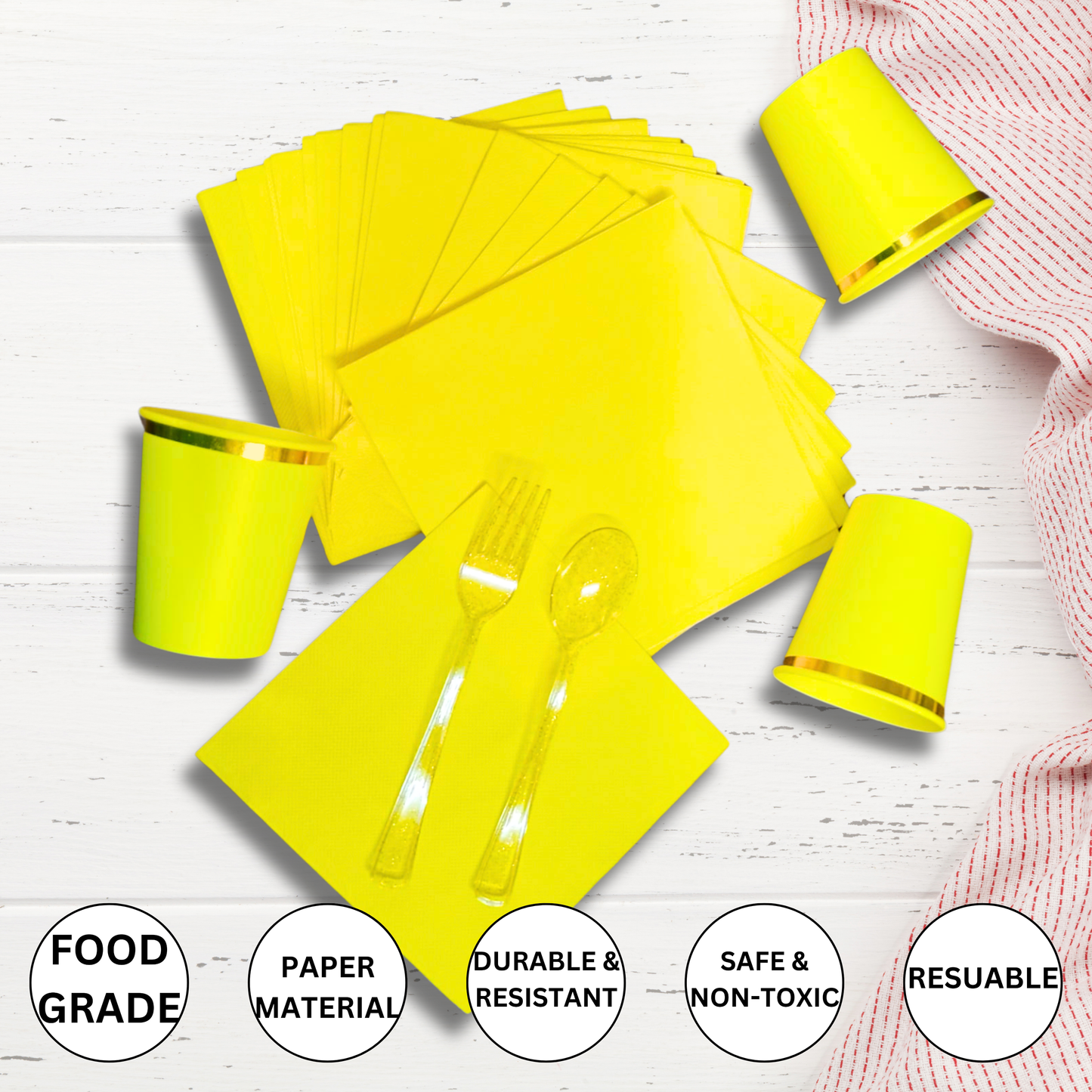 Yellow Party Tableware Combo with Plates, Tissues, Cups, Spoons and Forks - 64PC - Serves Upto 10 Pax