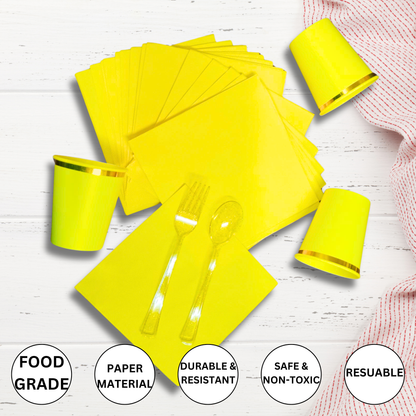 Yellow Party Tableware Combo with Plates, Tissues, Cups, Spoons and Forks - 64PC - Serves Upto 10 Pax