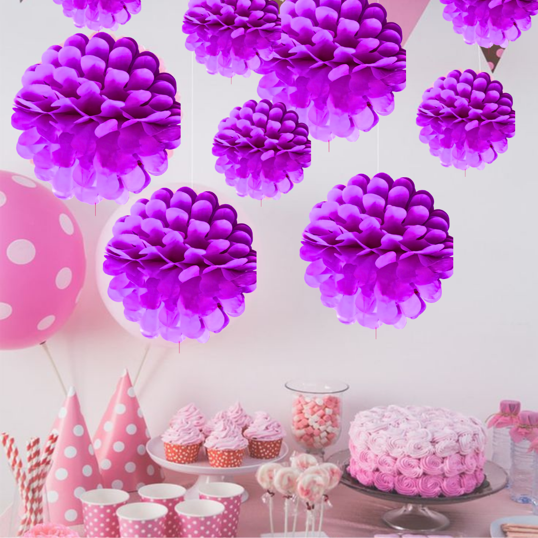 Purple Paper Pom Pom Hangings For Wall Decor -10 Inch -  5PC