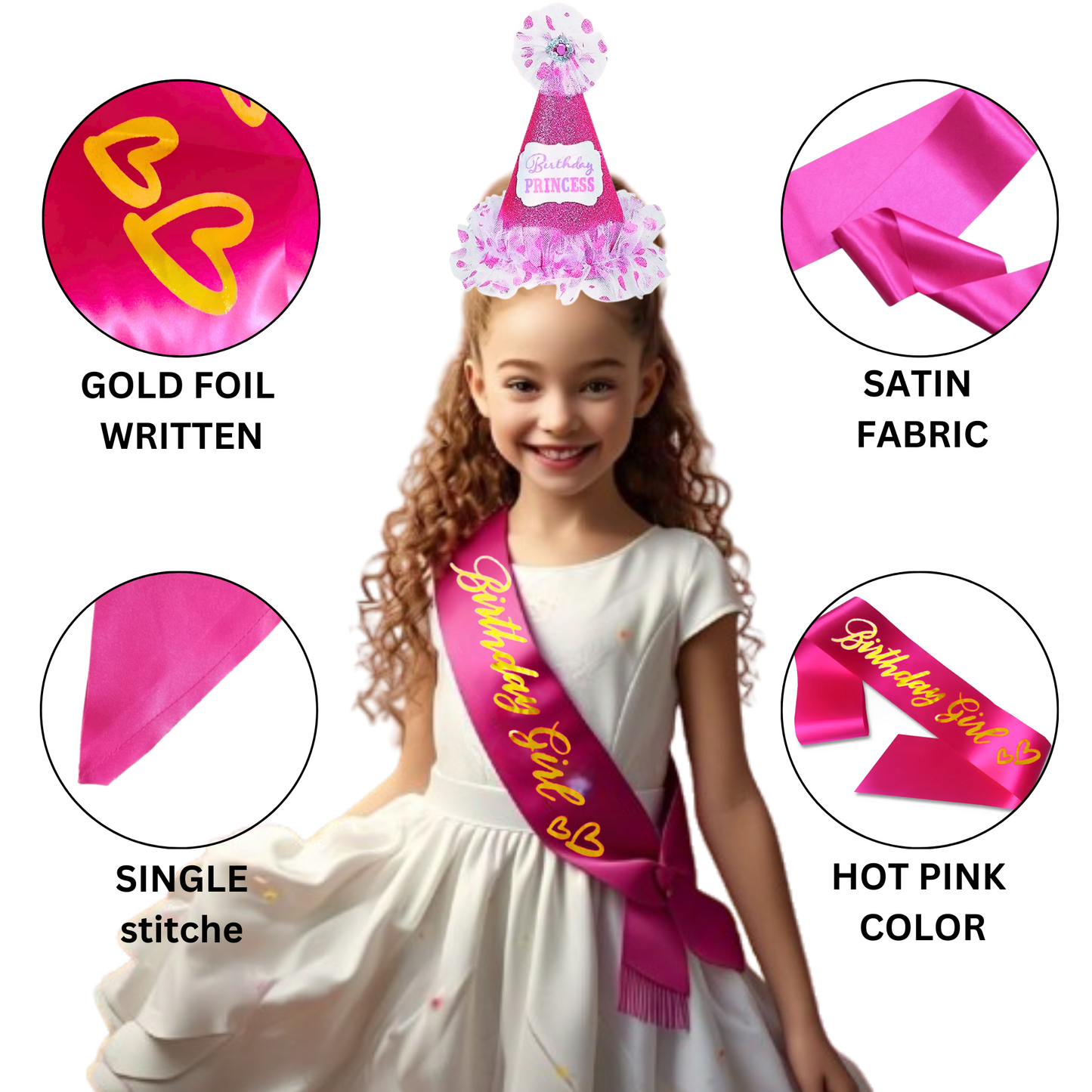 Hot Pink Happy Birthday Cap w/ Tassel & Sash Combo for Girls  - 2PC