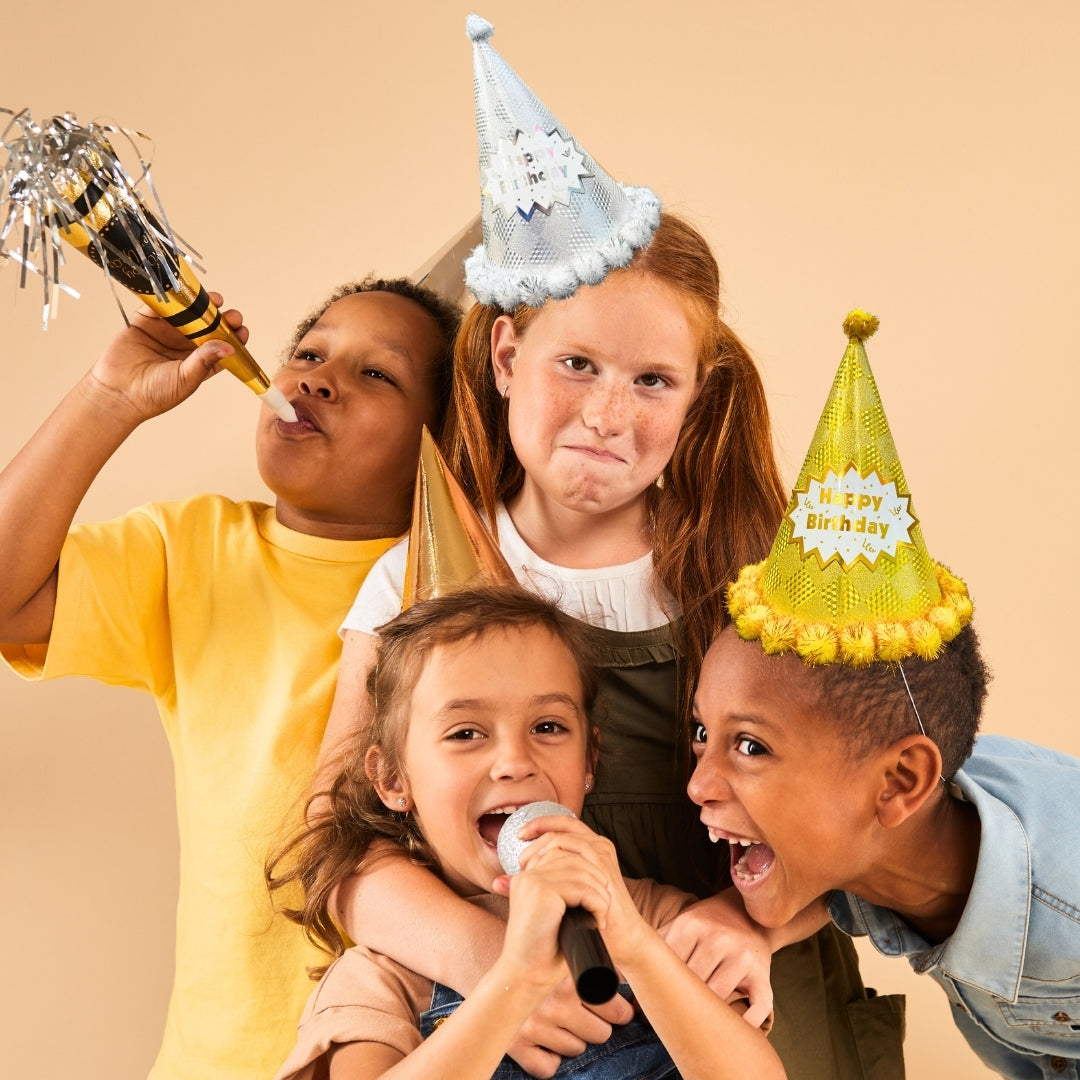 Happy Birthday Party Hats w/ Shiny Checkered Print & Pom Pom - 2PC
