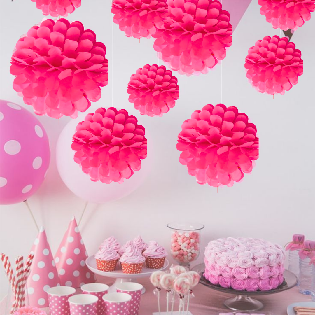 Hot Pink Its My Birthday Paper Pom Pom Hangings For Wall Decor -10 Inch -  5PC