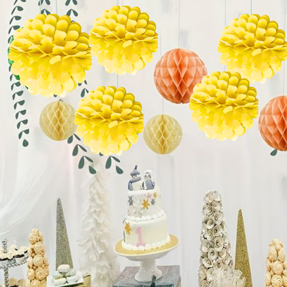 "Yellow Paper Pom Pom Hangings For Wall Decor -10 Inch -  5PC