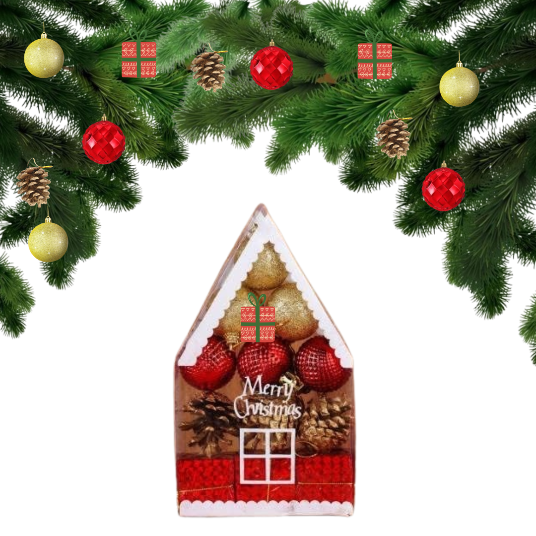 Christmas House Cutout w/ Christmas Golden Sparkly Balls and Gift Decor Combo - 12PC