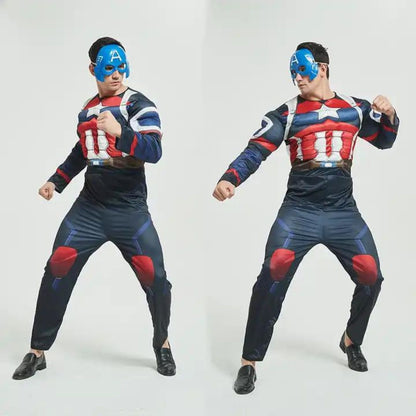 Muscular Captain America Costume with Jumpsuit and Mask for Adults - Size L