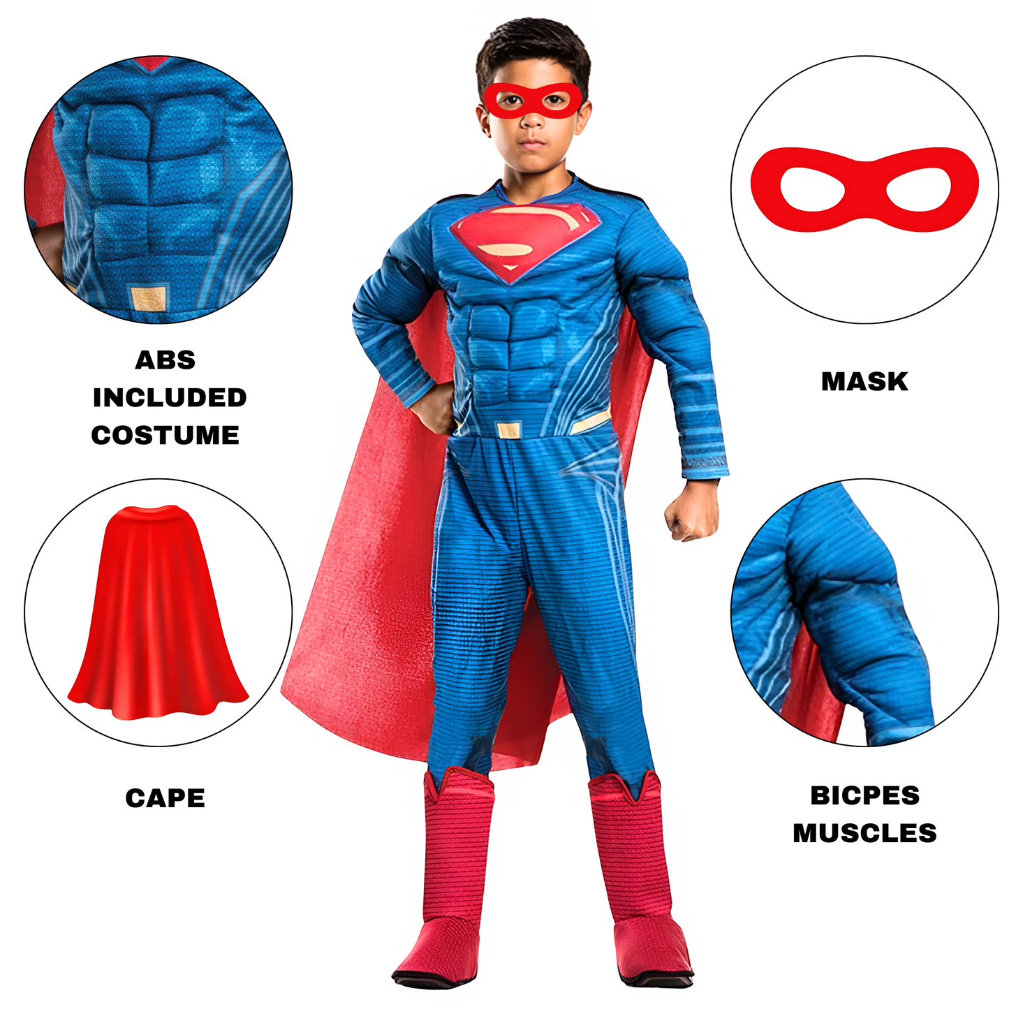Deluxe Superman Muscular Costume w/ Cape & Red Eye Mask for Kids - Size L - Age 8 - 10 Year