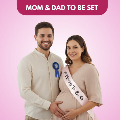 Dad To Be Blue Award Button w/  Mommy To Be  Pink Satin Sash Combo - 2PC