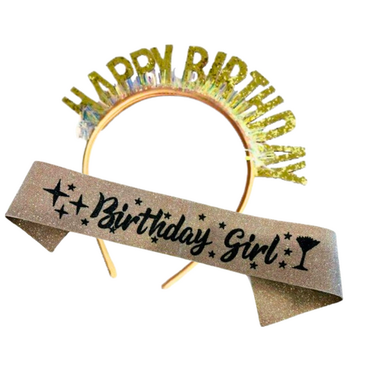 Birthday Girl Sash And Crown Headband - Pack of 2 Pcs