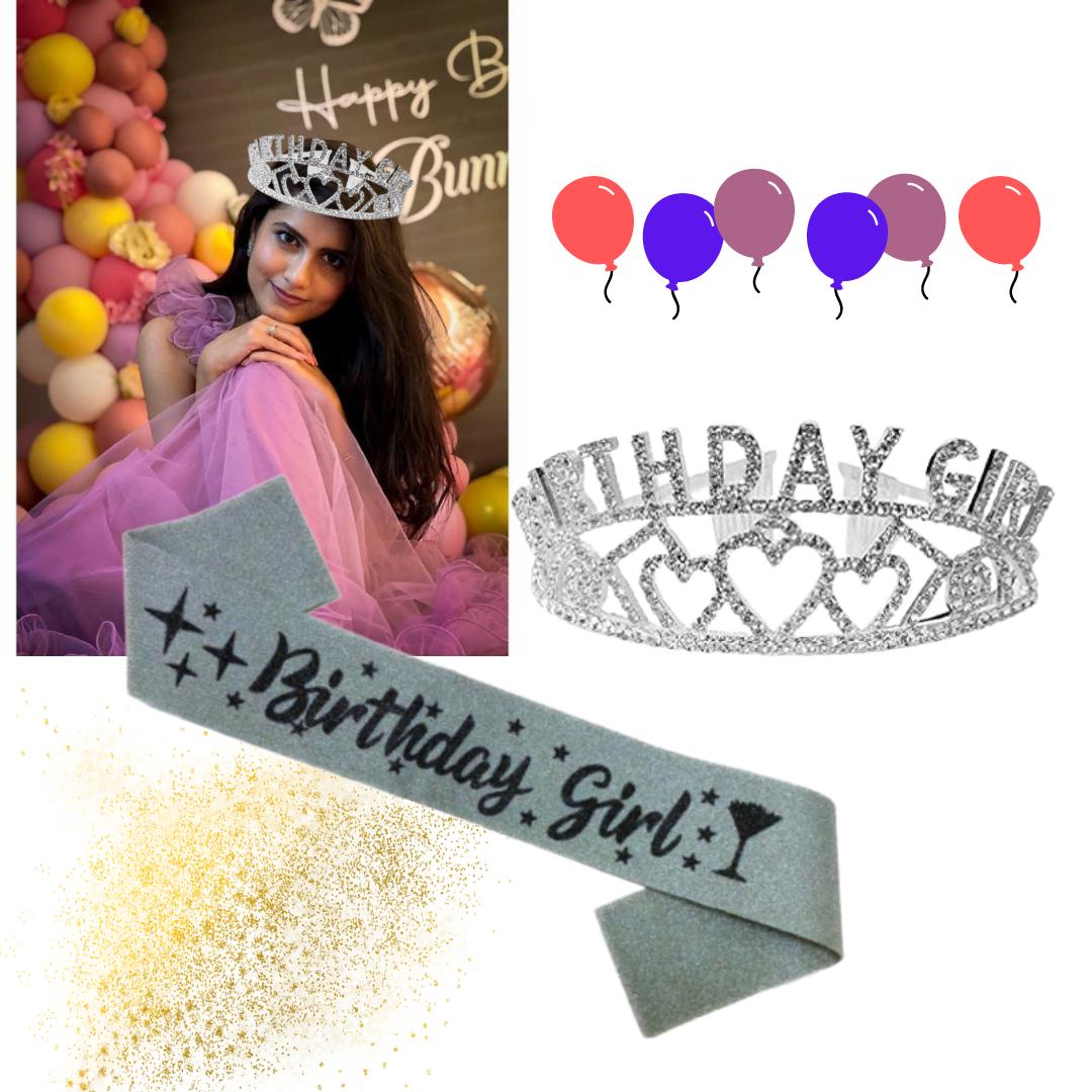 Birthday Girl Sash And Birthday Girl Crown - Pack of 2 Pcs  Silver Birthday Sash for Girls | Birthday Crowns for Girls