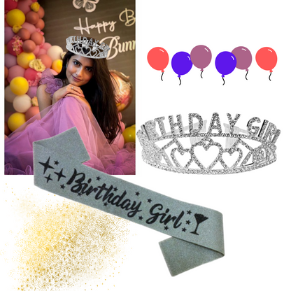 Birthday Girl Sash And Birthday Girl Crown - Pack of 2 Pcs  Silver Birthday Sash for Girls | Birthday Crowns for Girls