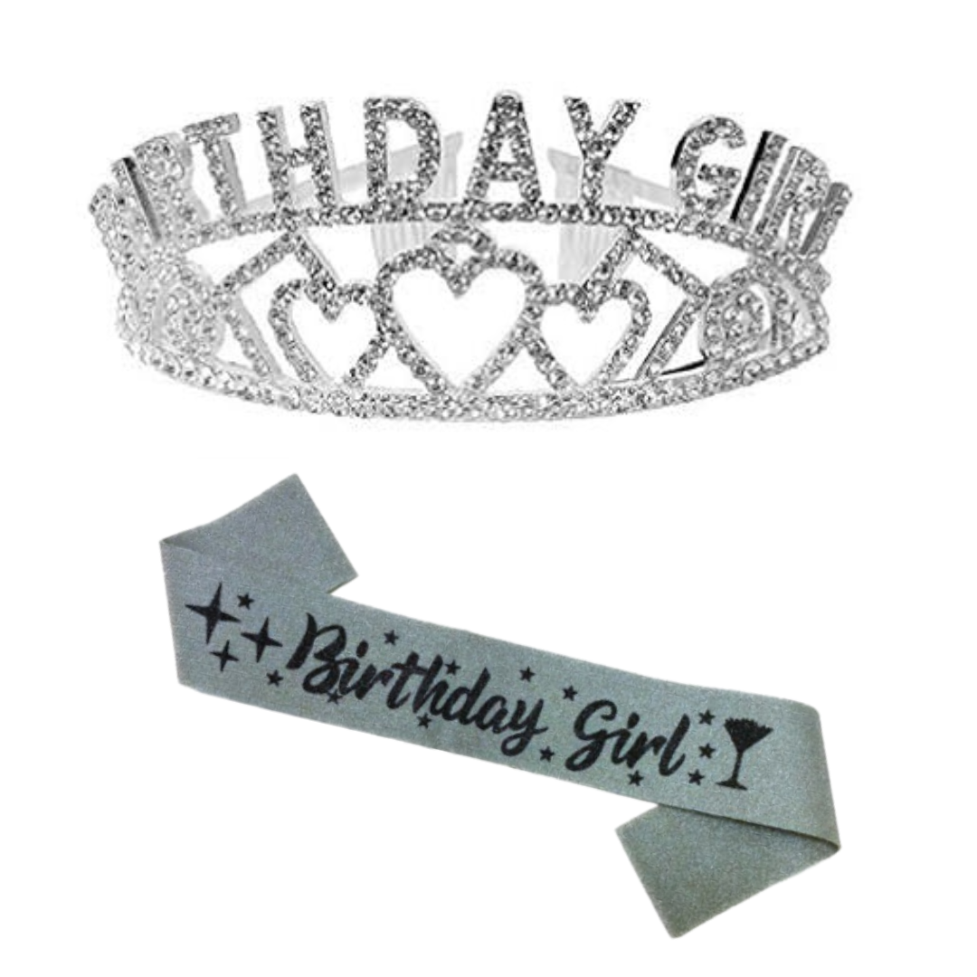 Birthday Girl Sash And Birthday Girl Crown - Pack of 2 Pcs  Silver Birthday Sash for Girls | Birthday Crowns for Girls