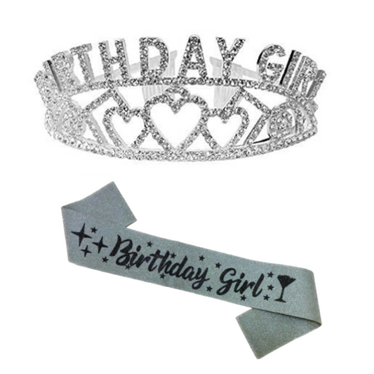 Birthday Girl Sash And Birthday Girl Crown - Pack of 2 Pcs  Silver Birthday Sash for Girls | Birthday Crowns for Girls