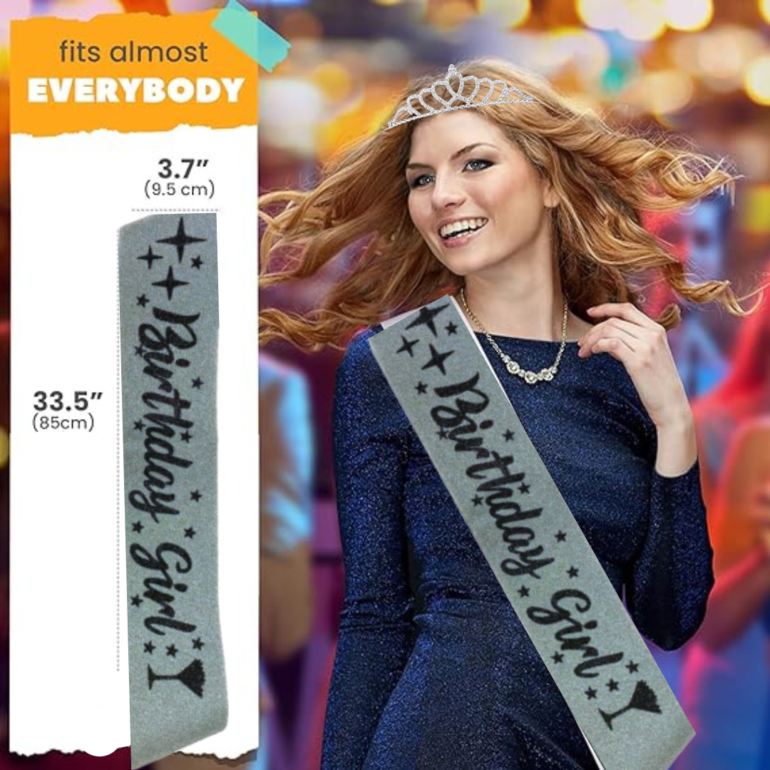 Birthday Girl Sash And Crown - Pack of 2 Pcs  Silver Birthday Sash for Girls | Birthday Crowns for Girls