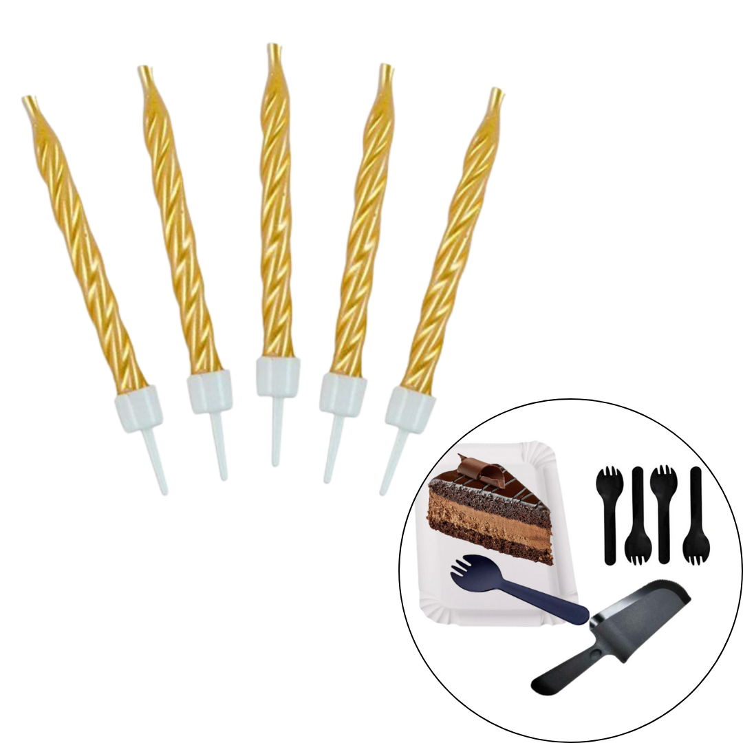 Golden Swirl candle w/ Black Knife, fork plate set - 26PC