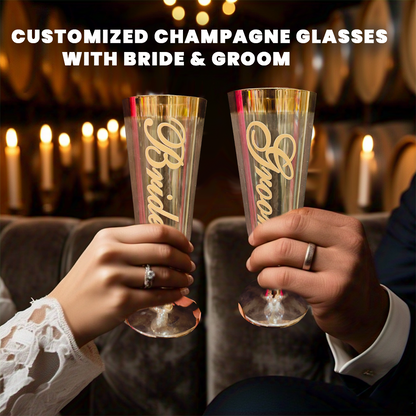 Customized Champagne Glasses Glossy Golden Color wi/ Bride & Groom Print - 2PC