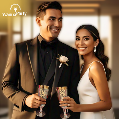 Customized Champagne Glasses Glossy Golden Color wi/ Bride & Groom Print - 2PC