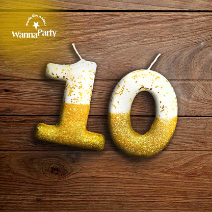 No. 10th Birthday Candle Gold & White w/ Glitter Dust - 1PC