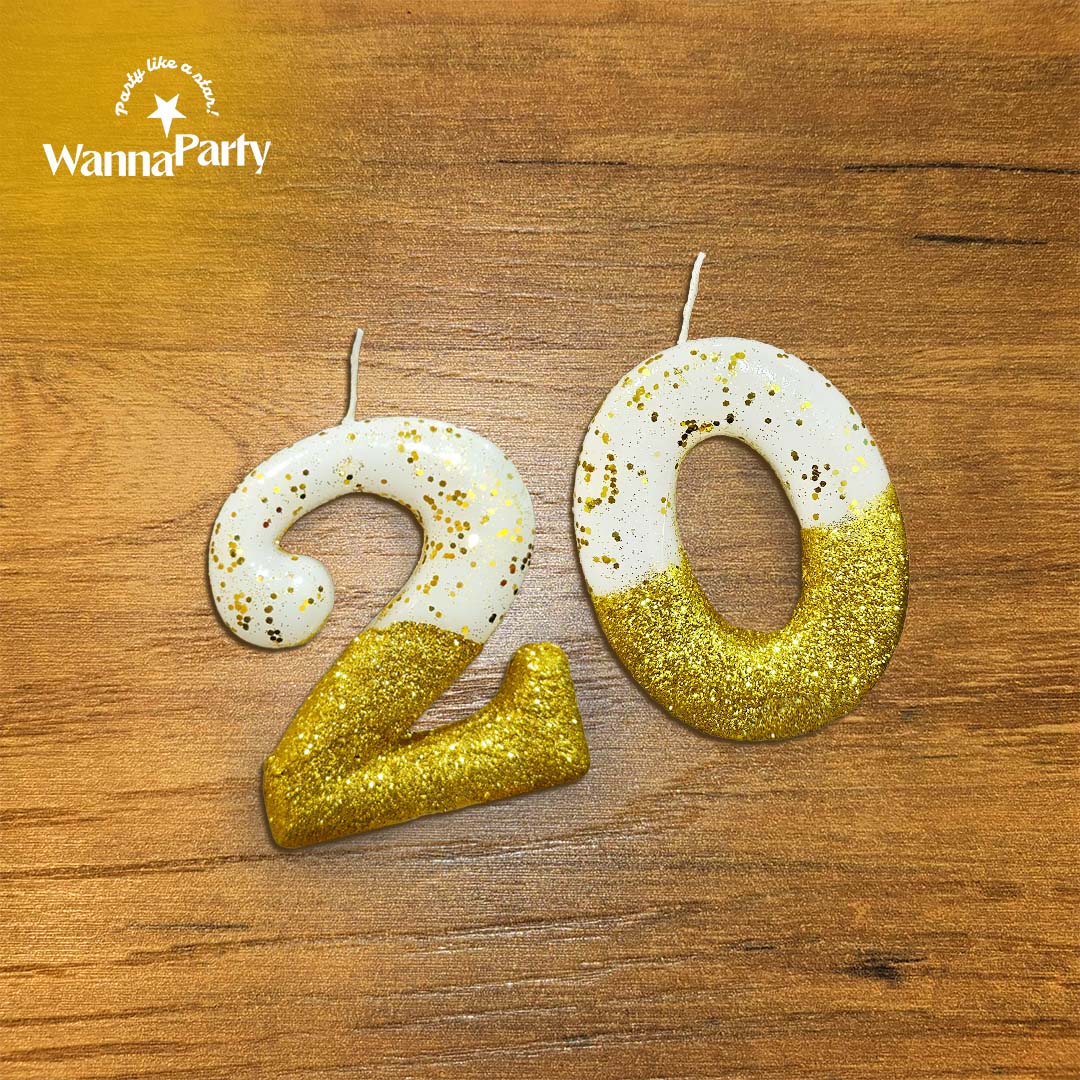 No. 20th Birthday Candle Gold & White w/ Glitter Dust - 1PC