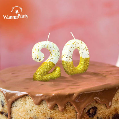 No. 20th Birthday Candle Gold & White w/ Glitter Dust - 1PC