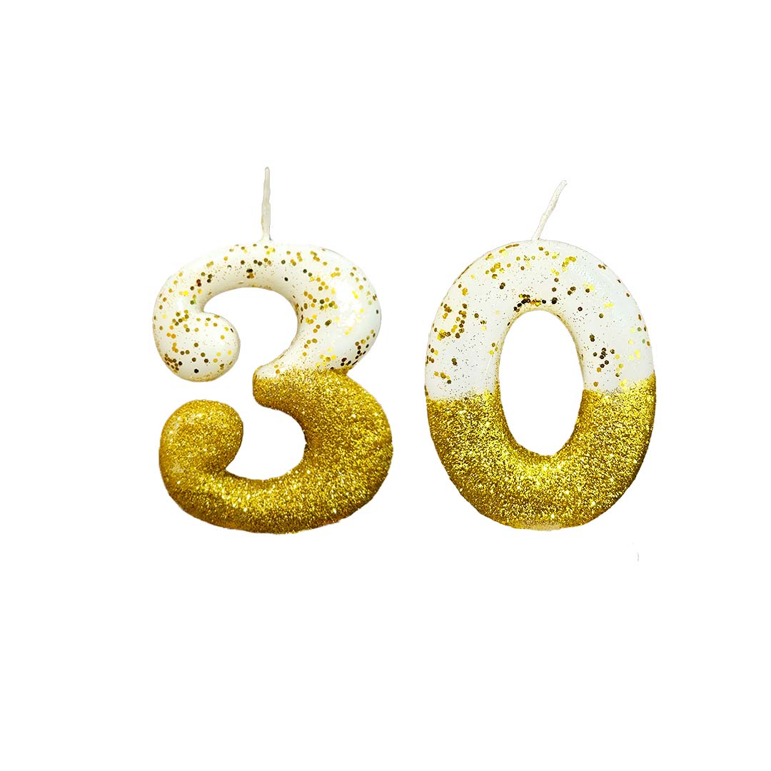 30th Birthday Candle - Semi Glitter Gold and White