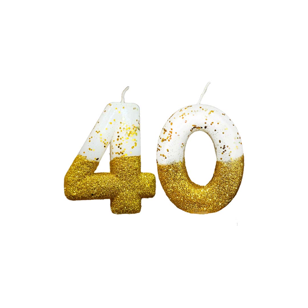 No. 40th Birthday Candle Gold & White w/ Glitter Dust - 1PC