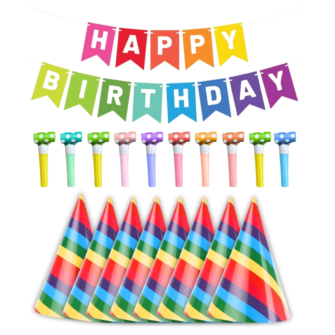 Happy Birthday Hats, Blowouts Party & Banner Combo Set - 20PC