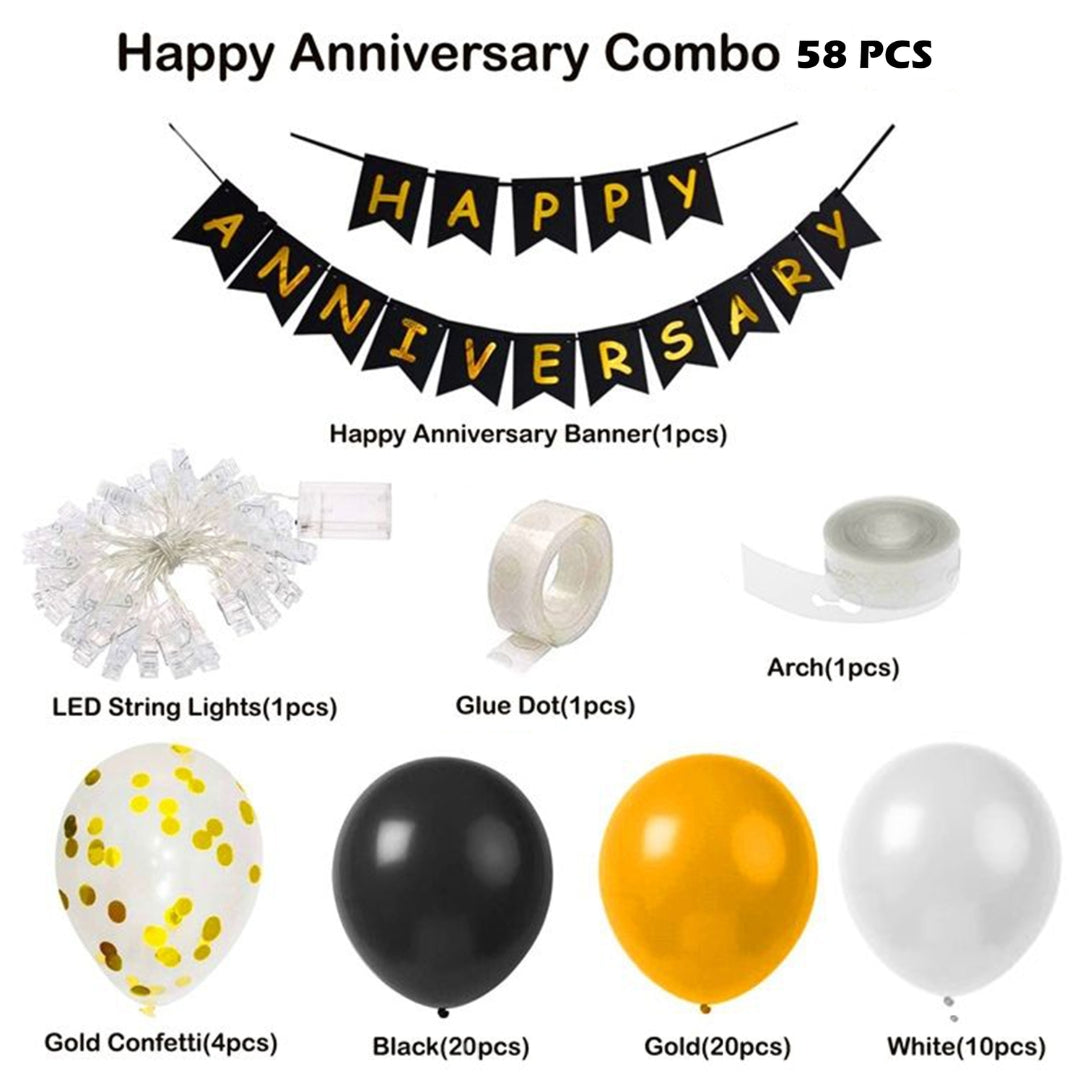 Happy Anniversary Balloon, Banner and LED Light Decoration Set - 58PC