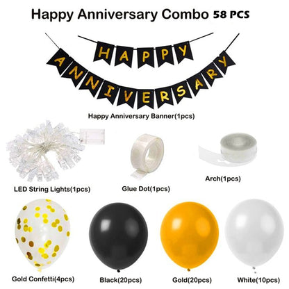 Happy Anniversary Balloon, Banner and LED Light Decoration Set - 58PC