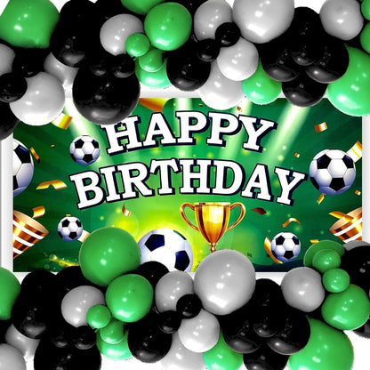 Happy Birthday Soccer Banner w/ Green & Black Latex/ Rubber Balloons - 4FT x 2FT - 1PC
