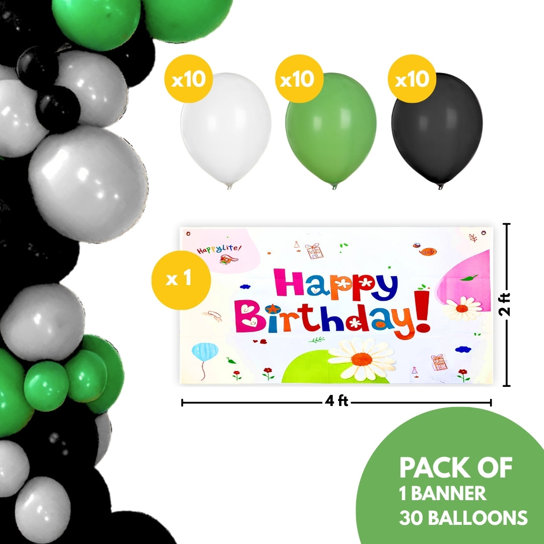 Happy Birthday Soccer Banner w/ Green & Black Latex/ Rubber Balloons - 4FT x 2FT - 1PC