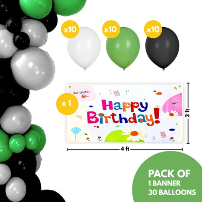 Happy Birthday Soccer Banner w/ Green & Black Latex/ Rubber Balloons - 4FT x 2FT - 1PC