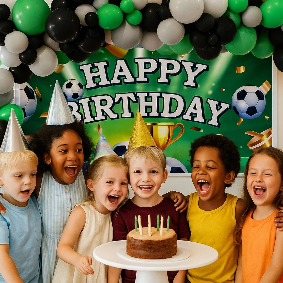Happy Birthday Soccer Banner w/ Green & Black Latex/ Rubber Balloons - 4FT x 2FT - 1PC