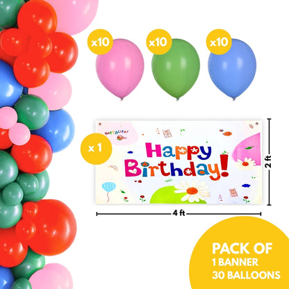 Happy Birthday Banner, Flag Bunting and Balloons