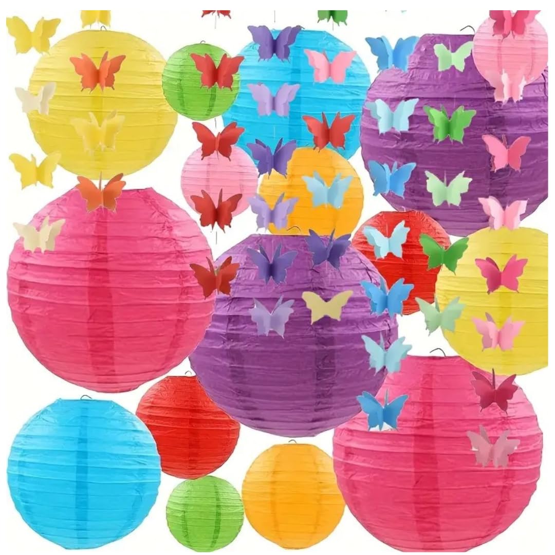 Pack of 7 Vibrant Paper Lanterns & Butterfly Decoration Set