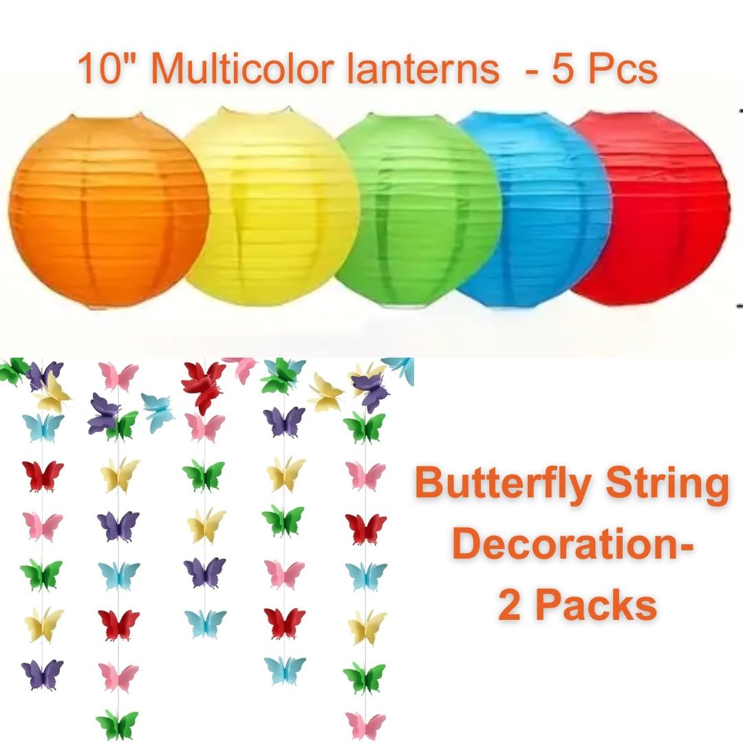 Pack of 7 Vibrant Paper Lanterns & Butterfly Decoration Set