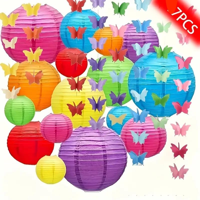 Pack of 7 Vibrant Paper Lanterns & Butterfly Decoration Set