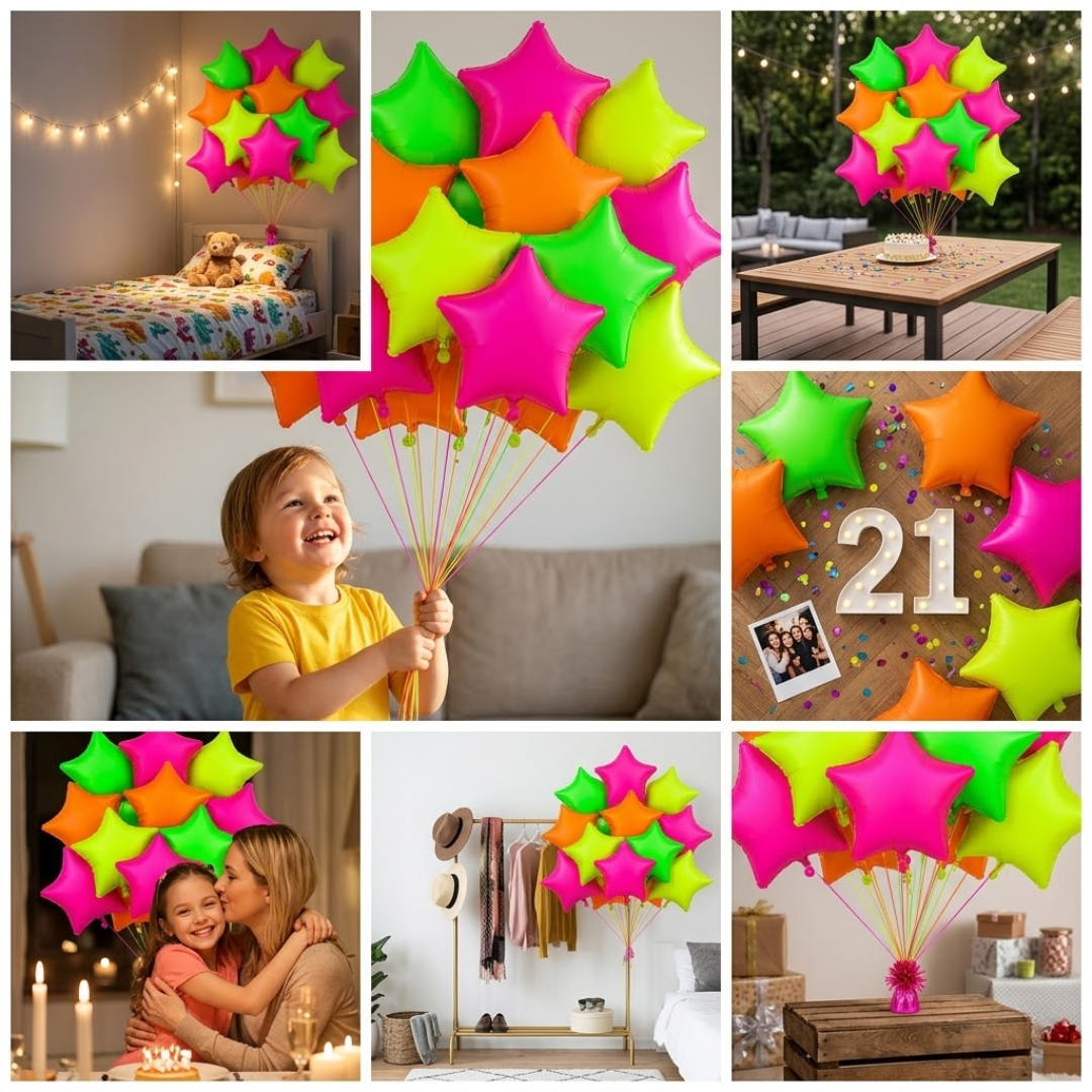 Multicolor Neon UV Glow in the Dark Star Shaped Balloons 18 inches - 12PC