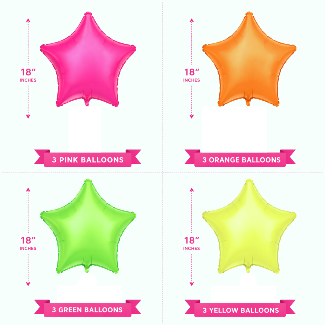 Multicolor Neon UV Glow in the Dark Star Shaped Balloons 18 inches - 12PC