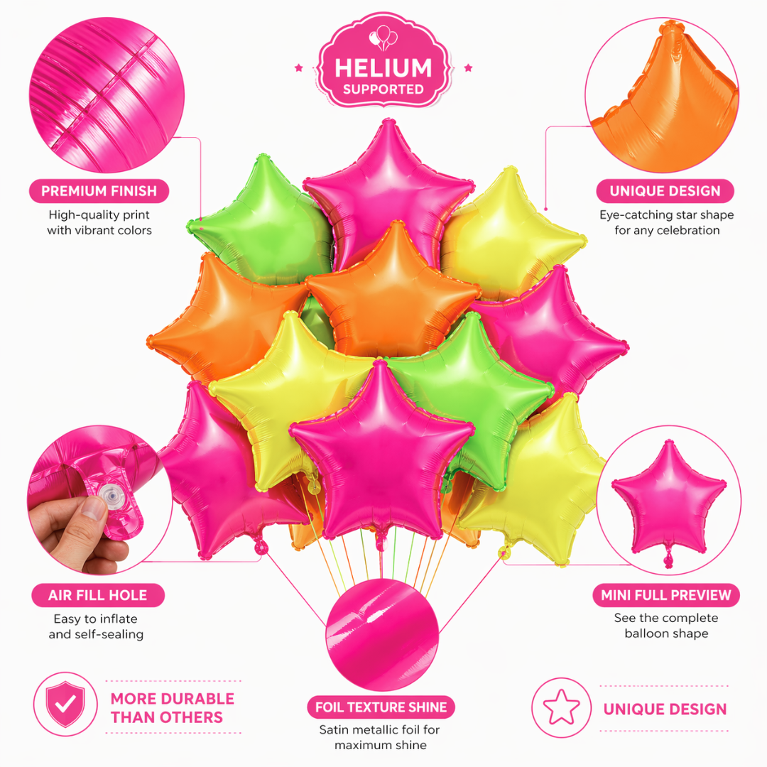 Multicolor Neon UV Glow Star Shaped Balloons 18 Inch (Pack of 12) | Helium Filled & Delivered Inflated | Glow Party Decoration