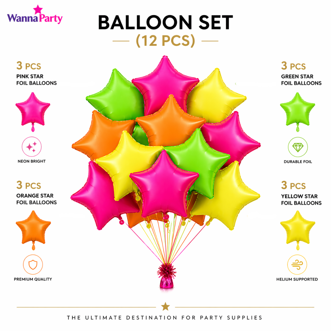 Multicolor Neon UV Glow Star Shaped Balloons 18 Inch (Pack of 12) | Helium Filled & Delivered Inflated | Glow Party Decoration