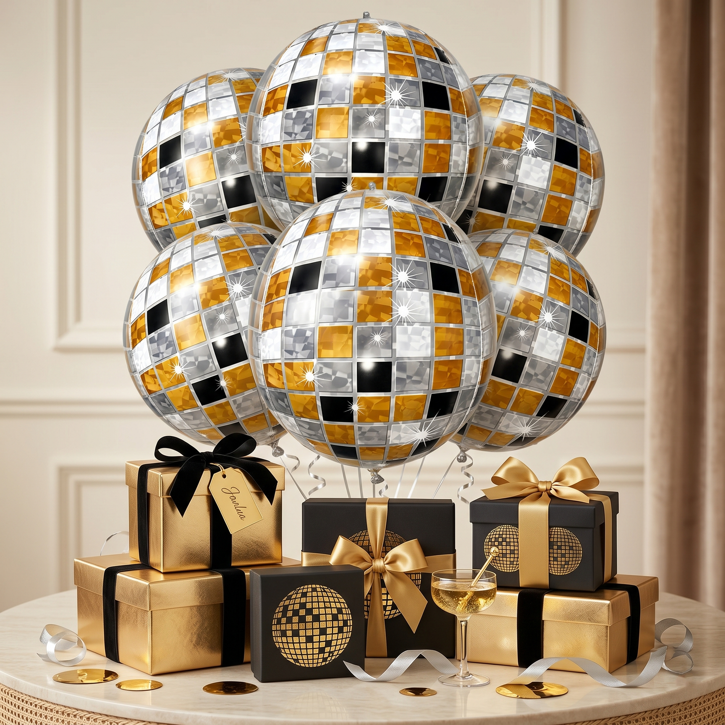 4D Golden & Black Disco Ball Foil Balloons (Pack of 6) | Helium Filled & Delivered Inflated | Party Decoration Balloons