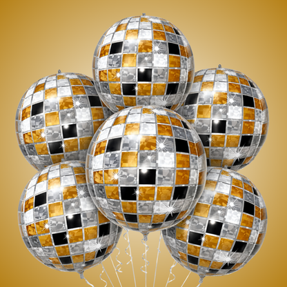 4D Golden & Black Disco Ball Foil Balloons (Pack of 6) | Helium Filled & Delivered Inflated | Party Decoration Balloons