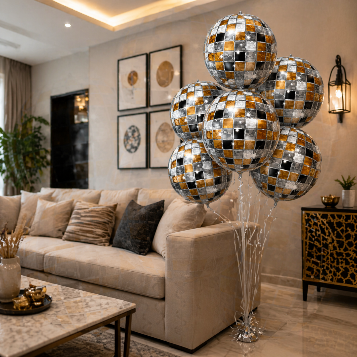 4D Golden & Black Disco Ball Foil Balloons (Pack of 6) | Helium Filled & Delivered Inflated | Party Decoration Balloons