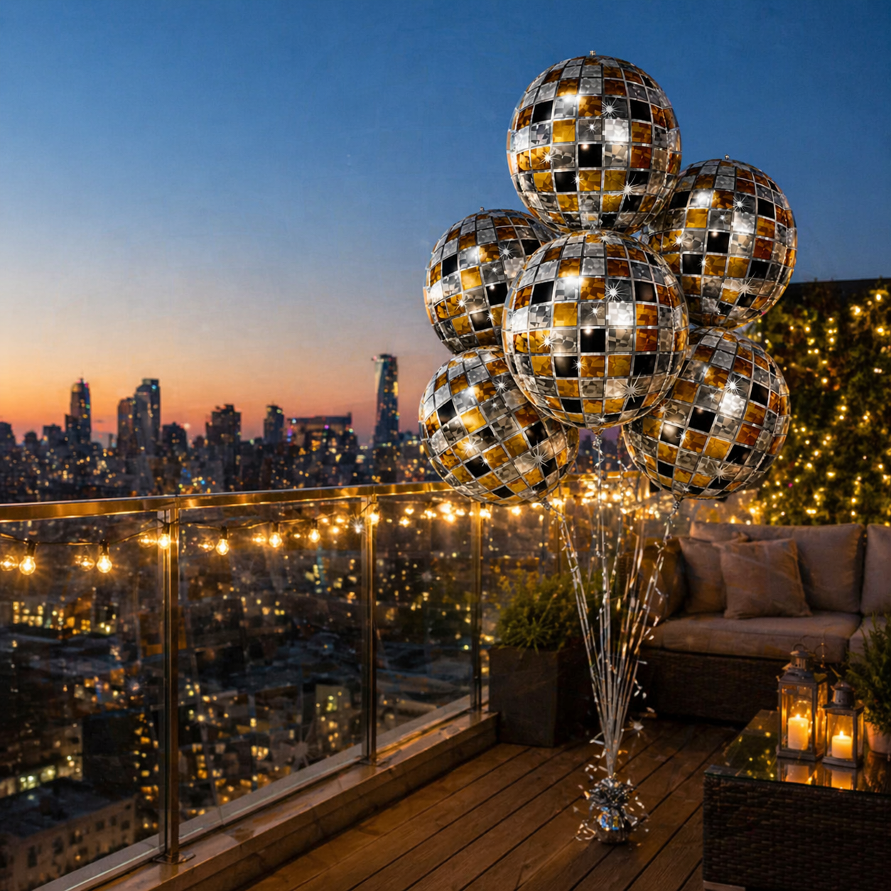 4D Golden & Black Disco Ball Foil Balloons (Pack of 6) | Helium Filled & Delivered Inflated | Party Decoration Balloons