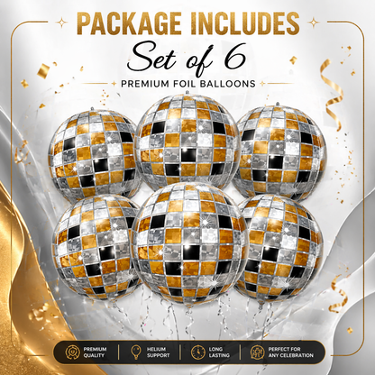 4D Golden & Black Disco Ball Foil Balloons (Pack of 6) | Helium Filled & Delivered Inflated | Party Decoration Balloons