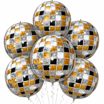 4D Golden & Black Disco Ball Foil Balloons (Pack of 6) | Helium Filled & Delivered Inflated | Party Decoration Balloons