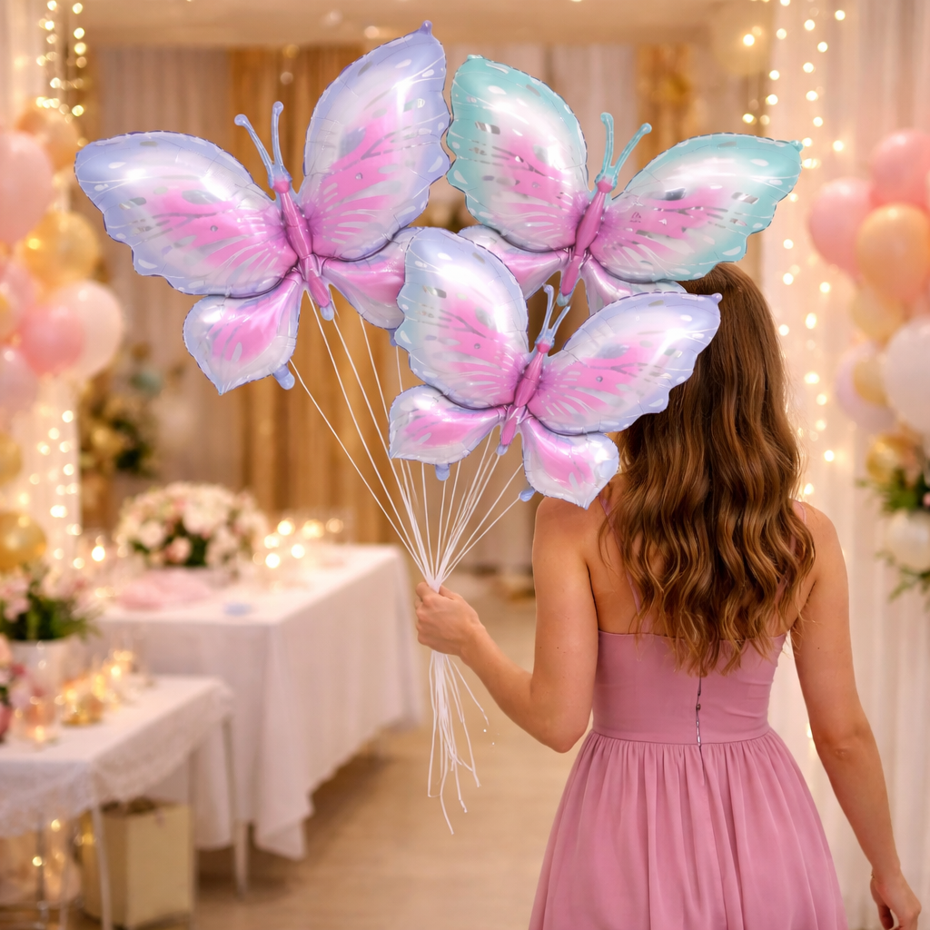 Pink & Purple Butterfly Shaped Large Balloons - 4PC