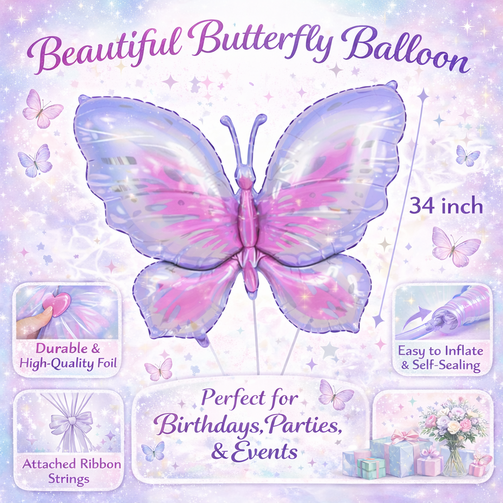 Pink & Purple Butterfly Shaped Foil Balloons (Pack of 4) | Large Helium Filled & Delivered Inflated | Birthday Decoration Balloons