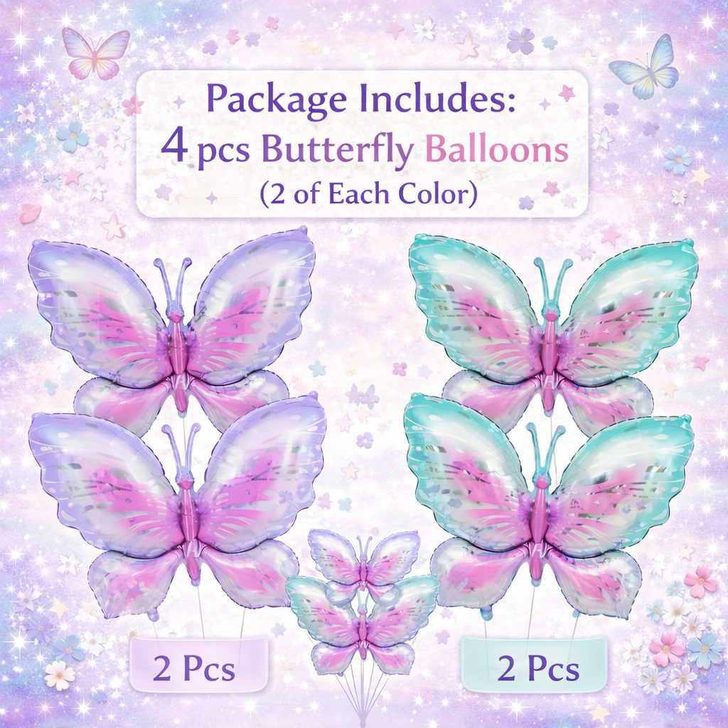 Pink & Purple Butterfly Shaped Large Balloons - 4PC
