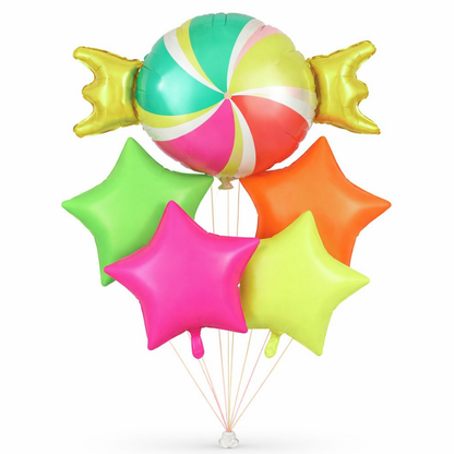 Candy Theme Helium Balloon Set of 5 (1 Candy Shape + 4 Neon Star Balloons 18 Inch) | Helium Filled & Delivered Inflated| Kids Birthday Decoration